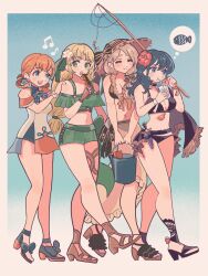  4girls ^_^ annette_fantine_dominic bikini black_bikini blonde_hair blue_background blue_eyes blue_hair border bow breasts bucket byleth_(female)_(fire_emblem) byleth_(female)_(summer)_(fire_emblem) byleth_(fire_emblem) chimney_(chimney0311) cleavage closed_eyes commentary cup drinking drinking_straw drinking_straw_in_mouth fire_emblem fire_emblem:_three_houses fire_emblem_heroes fishing_rod flower gradient_background green_bikini green_eyes hair_flower hair_ornament hair_rings hand_on_another&#039;s_shoulder hat hat_bow hibiscus highres holding holding_bucket holding_cup holding_fishing_rod ingrid_brandl_galatea_(summer) knife_sheath long_hair looking_at_viewer looking_to_the_side mercedes_von_martritz_(summer) multiple_girls musical_note navel outside_border red_flower red_hair sheath sheathed spoken_musical_note sun_hat swimsuit symbol-only_commentary thought_bubble walking white_border 