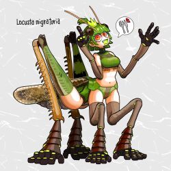  antennae arthropod_girl arthropod_limbs commentary_request female full_body green_hair grey_background highres locust looking_at_viewer monster_girl nicoq_(koikoihaihai) oerba_yun_fang orange_eyes original short_hair solo 