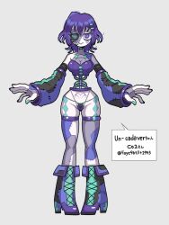  black_sclera blue_eyes boots borrowed_character colored_sclera commentary_request detached_sleeves female full_body grey_background heterochromia highres looking_at_viewer mismatched_sclera nicoq_(koikoihaihai) original purple_eyes purple_hair ribs short_hair simple_background solo stitches translation_request 