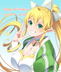  blonde_hair breasts cleavage dated female green_eyes hair_between_eyes happy_birthday highres leafa_(sao) long_hair pointy_ears ponytail smile solo sword_art_online teeth tu_tora2 twitter_username upper_body very_long_hair w 