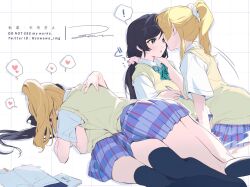  2girls ayase_eli blonde_hair cowgirl_position eye_contact green_eyes holding holding_pen imminent_kiss kissing looking_at_another love_live! love_live!_school_idol_project multiple_girls notebook otonokizaka_school_uniform pen ponytail purple_hair school_uniform thighhighs tojo_nozomi watermark white_background yuri zawawa_(satoukibi1108) 