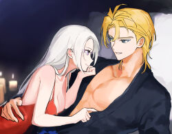  1boy abs bare_arms bare_shoulders blonde_hair blue_eyes blurry blurry_background breasts candle cleavage closed_mouth collarbone commentary_request couple cowgirl_position dimitri_alexandre_blaiddyd dress edelgard_von_hresvelg female fire_emblem fire_emblem:_three_houses from_side hair_between_eyes hair_down hair_slicked_back hand_on_another&#039;s_back hands_up head_on_pillow head_rest ikaikakka indoors leaning_back leaning_forward light_smile long_hair looking_at_another looking_down looking_up lying medium_breasts on_back on_bed on_stomach parted_bangs parted_lips pillow purple_eyes red_dress short_hair sleeveless straight white_hair 