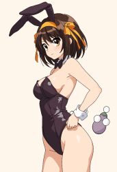  adjusting_clothes adjusting_leotard animal_ears armpits artist_self-insert bare_shoulders black_bow black_bowtie black_leotard blush bow bowtie breasts brown_eyes brown_hair closed_mouth cowboy_shot detached_collar dot_nose eggplant fake_animal_ears fake_tail female glasses hair_between_eyes hairband hairbow highres large_breasts leotard looking_at_viewer medium_hair official_alternate_costume orange_bow orange_hairband playboy_bunny rabbit_ears rabbit_tail round_eyewear sideboob simple_background solo split_mouth standing straight_hair strapless strapless_leotard suzumiya_haruhi suzumiya_haruhi_no_yuuutsu tail three_quarter_view v-shaped_eyebrows wavy_mouth white_background wrist_cuffs yuiyu_ki 