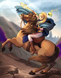  blonde_hair boots brown_gloves chaendeulleo cloak female fine_art_parody gloves gold_circlet highres horse horseback_riding mage_staff napoleon_crossing_the_alps parody pointy_ears ponytail princess_zelda rearing reins riding riding_animal saddle staff the_legend_of_zelda the_legend_of_zelda:_echoes_of_wisdom tri_(zelda) tri_rod 