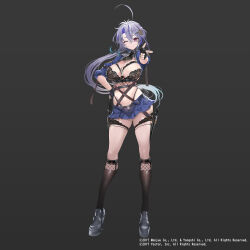  azur_lane black_background black_footwear black_gloves black_socks blue_hair blue_skirt breasts closed_mouth commentary_request female fingerless_gloves foch_(azur_lane) full_body gloves hair_ornament hand_on_own_hip highres kneehighs large_breasts long_hair long_sleeves looking_at_viewer merchandise_available microskirt official_art one_eye_closed pointing pointing_at_viewer purple_eyes simple_background skirt socks solo standing teddy_(khanshin) thighs 