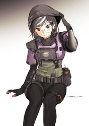  absurdres armor beanie belt belt_pouch black_eyes black_hair black_hat black_pants braid closed_mouth commentary devil_lo dokkaebi_(rainbow_six_siege) elbow_gloves feet_out_of_frame female glasses gloves gradient_background hat highres long_hair looking_at_viewer multicolored_hair pants pouch radio rainbow_six_siege round_eyewear signature sitting smile solo south_korean_flag tight_clothes tight_pants twin_braids two-tone_hair walkie-talkie white_background white_hair 