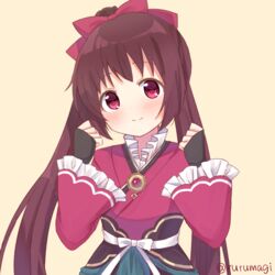  amane_tsukasa brown_hair female frilled_sleeves frills long_hair long_sleeves looking_at_viewer magia_record:_mahou_shoujo_madoka_magica_gaiden magical_girl mahou_shoujo_madoka_magica ponytail red_eyes ribbon ruru_(rurumagi) smile solo soul_gem wide_sleeves 