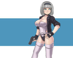  anna_nishikinomiya breasts cleavage cosplay donburi_(donburikazoku) female fingerless_gloves ghost_in_the_shell gloves green_eyes grey_hair gun handgun kusanagi_motoko kusanagi_motoko_(cosplay) shimoneta_to_iu_gainen_ga_sonzai_shinai_taikutsu_na_sekai solo weapon white_hair 