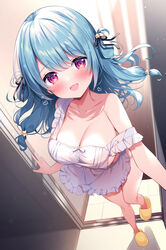  :d apron bare_shoulders black_ribbon blush bow_apron breasts collarbone door doorway female frilled_apron frills green_hair hair_ornament hair_ribbon highres hisagi_(puchimaple) hoshino_supika large_breasts long_hair looking_at_viewer masquerade_channel naked_apron open_door open_mouth opening_door original pov_doorway purple_apron purple_hair red_eyes ribbon sideboob sidelocks slippers smile solo standing standing_on_one_leg star_(symbol) star_hair_ornament strap_slip two_side_up virtual_youtuber 