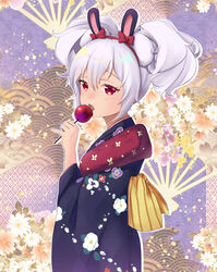  :o animal_ears azur_lane candy candy_apple commentary_request eating fake_animal_ears female food from_side hair_between_eyes hairband head_tilt holding holding_candy holding_food japanese_clothes kimono laffey_(azur_lane) laffey_(snow_rabbit_and_candy_apple)_(azur_lane) long_hair long_sleeves looking_at_viewer looking_to_the_side obi rabbit_ears red_eyes sash shiruko_(27anko) sidelocks solo twintails white_hair wide_sleeves yukata 