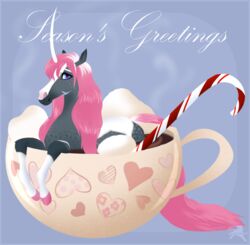  2022 ambiguous_gender candy candy_cane container cup curved_horn dessert digital_media_(artwork) english_text equid equine facial_markings feral fluffymare food hair head_markings hooves horn looking_at_viewer mammal mane markings marshmallow multicolored_body mythological_creature mythological_equine mythology partially_submerged pink_hair pink_mane pink_tail raeni simple_background smile solo tail text two_tone_body unicorn 