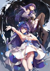  2girls armpits black_background black_legwear blue_eyes breasts bride chinese_commentary commentary_request detached_sleeves dress dual_persona earrings garter_straps gloves honkai_(series) honkai_impact_3rd jewelry long_hair multiple_girls purple_hair raiden_mei raiden_mei_(valkyrie_bladestrike) sleeveless sleeveless_dress smile wedding_dress white_dress white_gloves white_legwear zomzomzomsauce 