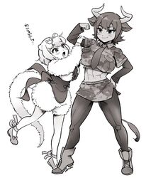  2girls abs animal_ears aurochs_(kemono_friends) back_bow boots bow camouflage camouflage_shirt camouflage_skirt center_frills corset cow_ears cow_girl cow_horns cow_tail crop_top dark-skinned_female dark_skin flexing footwear_bow frills full_body fur_sleeves greyscale hairbow highres horns kemono_friends long_sleeves midriff miniskirt monochrome multiple_girls muscular necktie pantyhose pencil_skirt pose shirt short_hair short_sleeves silky_anteater_(kemono_friends) skirt smile tail toned toned_female translation_request yokuko_zaza 