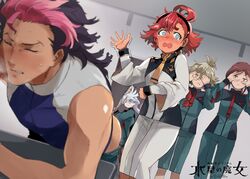  1boy 5girls absurdres asticassia_school_uniform baseball_bat bent_over blue_eyes blush chinese_commentary chuatury_panlunch commentary_request copyright_name covering_own_eyes dutch_angle felsi_rollo grey_hair guel_jeturk gundam gundam_suisei_no_majo hair_between_eyes hair_tuft highres holding holding_baseball_bat imminent_spanking long_hair low_ponytail miorine_rembran multiple_girls nail nail_bat outstretched_hand pantyhose peeping petra_itta red_hair sadamatsu_ryuuichi school_uniform suletta_mercury swept_bangs thick_eyebrows trembling 