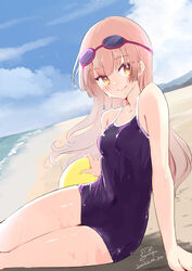  2022 atelier_(series) atelier_lydie_&amp;_suelle bad_id bad_pixiv_id bare_arms beach blue_sky blush closed_mouth cloud collarbone dated day dutch_angle female highres long_hair looking_at_viewer minidraco one-piece_swimsuit outdoors pink_hair purple_one-piece_swimsuit school_swimsuit sitting sky smile solo straight_hair suelle_marlen summer swimsuit very_long_hair yellow_eyes 