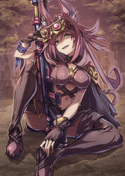  animal_ears armband boots breasts cat_ears cat_tail cleavage commentary duel_monster female fingerless_gloves gloves gun highres large_breasts long_hair navel pink_hair rifle shouma_(bravespiritya) sitting smile sniper_rifle stomach tail thigh_boots tri-brigade_ferrijit_the_barren_blossom weapon yellow_eyes yu-gi-oh! 