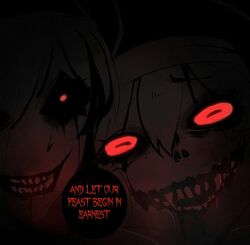  2girls alternate_form black_sclera bloodlight_(nyantcha) close-up colored_sclera commentary demon_girl drooling english_text eye_focus fangs glowing glowing_eyes hair_between_eyes horizontal_pupils horror_(theme) looking_at_viewer monster_girl multiple_girls nyantcha open_mouth original red_eyes scar scar_on_face shared_speech_bubble short_hair siblings sister_almonde_(nyantcha) sisters speech_bubble white_hair 