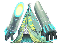  absurdres alternate_design blue_eyes celesteela commentary_request full_body glowing highres large_arm mechanical_arms no_humans pokemon pokemon_(creature) robe simple_background solo spacezin standing white_background 