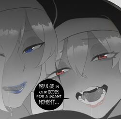  2girls bloodlight_(nyantcha) blue_eyes blue_lips close-up commentary drooling english_text eye_focus fangs habit hair_between_eyes hair_over_one_eye horizontal_pupils lipstick looking_at_viewer makeup monochrome multiple_girls nun nyantcha open_mouth original red_eyes scar scar_on_face shared_speech_bubble short_hair siblings sister_almonde_(nyantcha) sisters speech_bubble spot_color white_hair 