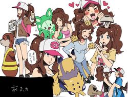  1boy alternate_costume baseball_cap blue_eyes blush collarbone crossed_arms female foongus galvantula hat high-visibility_vest hilbert_(pokemon) hilda_(pokemon) hitchhiking joltik krokorok leg_up looking_at_another multiple_views nashubi_(to_infinity_wow) on_head on_shoulder open_mouth pokemon pokemon_(creature) pokemon_bw pokemon_on_head pokemon_on_shoulder ponytail reuniclus smile thumbs_up translated 