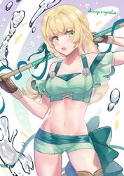  artist_name bikini blonde_hair breasts cleavage commentary_request female fire_emblem fire_emblem:_three_houses fire_emblem_heroes gloves green_eyes highres holding ingrid_brandl_galatea ingrid_brandl_galatea_(summer) long_hair midriff off-shoulder_bikini off_shoulder open_mouth polearm sakuramotikun solo swimsuit weapon 