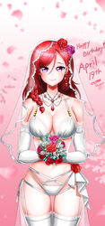  absurdres aged_up alternate_costume alternate_hair_length alternate_hairstyle artist_name bare_shoulders blush bouquet bra braid breasts bridal_veil cleavage collarbone cy7989 dated earrings elbow_gloves female flower gloves hair_flower hair_ornament happy_birthday highres holding holding_bouquet jewelry large_breasts looking_at_viewer love_live! love_live!_school_idol_project medium_hair navel nishikino_maki panties petals purple_eyes purple_flower purple_rose red_flower red_hair red_rose rose side_braid smile solo thigh_gap thighhighs underwear veil wedding white_bra white_gloves white_panties white_thighhighs 