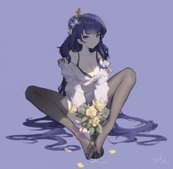  \||/ absurdres bare_shoulders black_bra blue_background bra breasts chinese_commentary cleavage commentary_request feet female flower full_body genshin_impact grey_thighhighs hair_flower hair_ornament highres long_hair looking_at_viewer medium_breasts no_shoes off_shoulder petals purple_eyes purple_flower purple_hair raiden_shogun rose rose_petals shade shirt signature simple_background simulated_footjob sitting smirk solo strap_slip suggestive_fluid thighhighs underwear vase very_long_hair white_shirt yellow_flower yellow_petals yellow_rose zhanghengczkd 