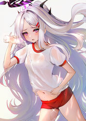  alternate_costume black_horns blue_archive blush bottle buruma clothes_lift commentary_request demon_girl demon_horns demon_wings female grey_background gym_shirt gym_uniform hair_ornament hairclip halo highres hina_(blue_archive) holding holding_bottle horns lifting_own_clothes long_hair looking_at_viewer midriff mochimochi_dando navel open_mouth pink_eyes ponytail red_buruma revision shirt shirt_lift short_sleeves sidelocks simple_background slit_pupils solo thighs very_long_hair water wet white_background white_hair wings 