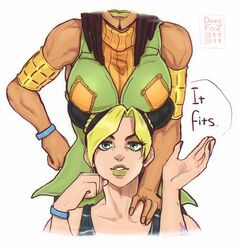  2girls armband armbands big_breasts black_hair blonde_hair breasts breasts_on_head cool_hat dirtyfox911911 dreadlocks dyed_hair ermes_costello female female/female fully_clothed green_eyes green_hair hair_bun head_out_of_frame jojo&#039;s_bizarre_adventure jolyne_kujo light_skin self_upload shounen_jump stone_ocean tagme tanned_skin tattoo yuri 