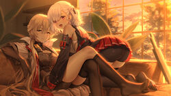  2girls ass asymmetrical_legwear bike_shorts bike_shorts_under_skirt blonde_hair braid breasts chinese_commentary detached_sleeves feet french_braid girls&#039;_frontline girls&#039;_frontline_2:_exilium gun hair_ribbon haneru highres kneehighs long_hair looking_at_viewer medium_hair multiple_girls open_mouth orange_eyes ots-14_(girls&#039;_frontline) pleated_skirt pump_action red_eyes red_ribbon red_skirt ribbon shotgun shotgun_shell sitting skirt smile socks spas-12 spas-12_(girls&#039;_frontline) thighhighs weapon white_hair window 