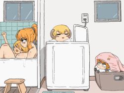  1boy 4girls :d animated animated bathtub blanket blinking blonde_hair blue_bow blush blush_stickers bow breasts clenched_hand closed_eyes closed_mouth commentary_request cookie_(touhou) dual_persona electric_plug expressionless genderswap_(ftm) hairbow hakurei_reimu high_ponytail human_head in_washing_machine indoors kirisame_marisa kyuuden large_breasts laundry_basket long_hair looking_at_another looping_animation mars_(cookie) medium_bangs multiple_girls open_mouth otoko_no_ko red_bow rei_(cookie) rule_63 same-sex_bathing sananana_(cookie) shared_bathing sheep short_hair smile soap_bubbles spinning stool suzu_(cookie) touhou upper_body washing_machine window 