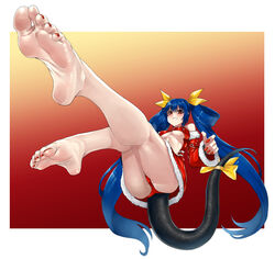  ass bare_legs bare_shoulders barefoot blue_hair blush border breasts christmas detached_sleeves dizzy_(guilty_gear) eiji_(eiji) feet female foot_focus foreshortening guilty_gear guilty_gear_x guilty_gear_xx hair_between_eyes hair_ribbon hair_rings highres kneepits large_breasts long_hair looking_at_viewer monster_girl nail_polish panties red_eyes red_nails red_panties ribbon sidelocks soles solo tail tail_ornament tail_ribbon thick_thighs thighs thong toe_scrunch toenail_polish toenails toes twintails underboob underwear white_border yellow_ribbon 