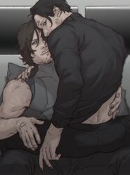  2boys back bara black_hair black_nails black_pants black_shirt closed_mouth clothes_lift couple death_stranding facial_hair goatee grey_tank_top hamms_hamss hand_tattoo higgs_(death_stranding) highres looking_at_viewer looking_back male_focus mature_male moustache multiple_boys muscular muscular_male nail_polish pants sam_porter_bridges shirt shirt_lift short_hair sitting sitting_on_person tank_top tattoo yaoi 