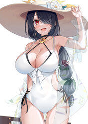  :d aito_(indigorabbit) black_hair blue_archive braid braided_ponytail breasts brown_hat cleavage collarbone commentary_request covered_navel cowboy_shot cross cross_earrings earrings female flower hair_over_one_eye halo hat hat_flower highres hinata_(blue_archive) hinata_(swimsuit)_(blue_archive) jewelry large_breasts long_hair looking_at_viewer official_alternate_costume one-piece_swimsuit open_mouth red_eyes simple_background smile solo standing straw_hat swimsuit teeth thighs upper_teeth_only white_background white_flower white_one-piece_swimsuit yellow_halo 