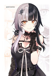  absurdres arata_ryou belt black_arm_warmers black_belt black_choker black_dress black_hair black_nails breasts chest_belt choker dress female highres hololive hololive_english lace-trimmed_choker lace_trim large_breasts long_hair looking_at_viewer multicolored_hair nail_polish self-upload shiori_novella shiori_novella_(1st_costume) smile split-color_hair virtual_youtuber white_hair yellow_eyes yorick_(shiori_novella) 