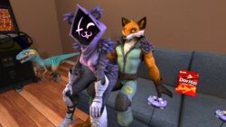  16:9 3d_(artwork) anthro arcade_machine bear canid canine clothed clothing digital_media_(artwork) dinosaur doritos dromaeosaurid duo epic_games extinct female fennix_(fortnite) fortnite fox frito-lay fully_clothed fur furniture gamecube hi_res hoodie inside kyleroo looking_at_viewer male mammal muscular muscular_male nintendo on_lap one_eye_closed prehistoric_species raven_team_leader reptile scalie sitting sitting_on_another sitting_on_lap smile sofa source_filmmaker_(artwork) surprised_expression theropod topwear velociraptor widescreen wink winking_at_viewer 