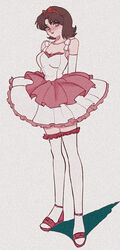  bare_shoulders breasts brown_hair dress elbow_gloves female frilled_dress frills full_body gloves hairband kirigoe_mima looking_at_viewer medium_breasts perfect_blue pikurusu pink_footwear red_hairband sandals short_hair sleeveless sleeveless_dress solo standing thighhighs white_dress white_gloves white_thighhighs 