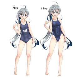  2girls absurdres ahoge bare_shoulders barefoot blue_one-piece_swimsuit breasts collarbone commentary_request comparison competition_swimsuit covered_navel dual_persona flat_chest full_body grey_eyes grey_hair groin hair_between_eyes hair_ribbon highleg highleg_swimsuit highres kantai_collection kiyoshimo_(kancolle) kiyoshimo_kai_ni_(kancolle) long_hair looking_at_viewer low_twintails multiple_girls name_tag new_school_swimsuit one-piece_swimsuit open_mouth ribbon round_teeth school_swimsuit small_breasts swimsuit takafumi teeth twintails upper_teeth_only v-shaped_eyebrows variant_set very_long_hair 