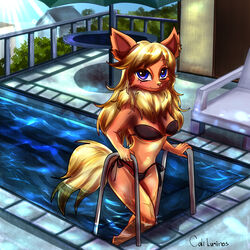  anthro big_eyes bikini black_clothing black_swimwear blonde_hair blue_eyes brown_nose caliluminos chair chest_tuft clothing ear_piercing ear_ring eeveelution female flareon fluffy fluffy_tail fur furniture generation_1_pokemon hair hi_res koriand_wildfire light light_beam long_hair long_tail lounge_chair markings mole_(marking) navel nintendo orange_body orange_fur outside partially_submerged picnic_table piercing pokemon pokemon_(species) pokemorph poolside ring_piercing rooftop signature solo sun sunbeam sunlight swimming_pool swimwear table tail thong topwear tuft underwear wet wet_body wet_fur 