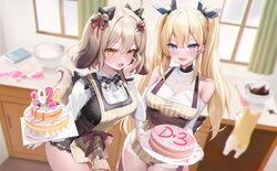  2girls :d absurdres ahoge animal animal_ears apron bandaid bandaid_on_cheek bandaid_on_face bare_shoulders bell biscuit_(nikke) black_bow black_dress blonde_hair blue_eyes blurry blurry_background blush bow breasts brown_apron brown_eyes brown_hair cake canine checkered_bow checkered_clothes clothing_cutout collared_shirt commentary_request covered_collarbone curtains day depth_of_field dog_ears dog_girl dog_tail dress dress_shirt food food_on_clothes goddess_of_victory:_nikke hair_bell hair_between_eyes hair_ornament hairbow heart heart_hair_ornament highres holding holding_plate indoors jehyun jingle_bell korean_commentary laplace_(nikke) long_hair long_sleeves medium_breasts multiple_girls oerba_yun_fang plate pleated_dress puffy_long_sleeves puffy_sleeves ribbed_sweater shirt shoulder_cutout sleeveless sleeveless_dress smile striped_apron striped_clothes sweater tail thick_eyebrows turtleneck turtleneck_sweater twintails v-shaped_eyebrows vertical-striped_apron vertical-striped_clothes very_long_hair white_shirt white_sweater window 