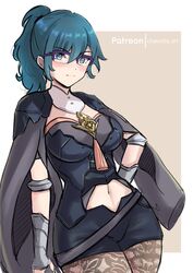  absurdres alternate_hairstyle armlet artist_name bespectacled black_shirt black_shorts blue_eyes blue_hair blush bodice breasts brown_pantyhose bustier byleth_(female)_(fire_emblem) byleth_(fire_emblem) chascoby clothing_cutout commentary cowboy_shot detached_collar double-parted_bangs english_commentary female fire_emblem fire_emblem:_three_houses glasses hair_between_eyes highres leggings long_hair medium_breasts navel navel_cutout pantyhose pantyhose_under_shorts patreon_username ponytail purple-framed_eyewear shirt short_shorts shorts simple_background solo standing tassel turtleneck vambraces white_background 