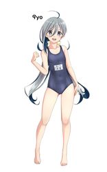  absurdres ahoge bare_shoulders barefoot blue_one-piece_swimsuit collarbone commentary_request covered_navel female flat_chest full_body grey_eyes grey_hair hair_between_eyes highres kantai_collection kiyoshimo_(kancolle) long_hair low_twintails name_tag new_school_swimsuit one-piece_swimsuit open_mouth round_teeth school_swimsuit simple_background solo swimsuit takafumi teeth twintails upper_teeth_only variant_set very_long_hair white_background 