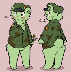  2023 3_toes anthro barefoot bear beret biped blush bottomless bottomless_anthro bottomless_male camo camo_clothing camo_print camo_topwear cheek_tuft chest_tuft clothed clothing colored digital_media_(artwork) ellipsis facial_tuft featureless_crotch feet flippy_(htf) flower fluffy fluffy_tail front_view full-length_portrait fur green_body green_clothing green_ears green_fur green_inner_ear green_shirt green_tail green_topwear happy_tree_friends hat headgear headwear hi_res hip_tuft holding_flower holding_object kemono kopeni_ko male mammal military_hat model_sheet monotone_body monotone_fur monotone_tail multiple_angles pattern_clothing pattern_topwear pink_background plant portrait rear_view scut_tail shirt short_tail simple_background solo standing tail three-quarter_view toes topwear tuft 