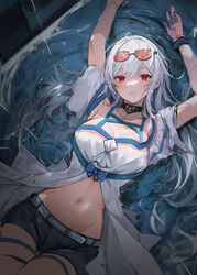  absurdres arknights black_choker blue_shorts breasts choker cleavage commentary_request eyewear_on_head female highres kisaragi_pana long_hair lying medium_breasts navel off-shoulder_shirt off_shoulder official_alternate_costume orange-tinted_eyewear parted_lips red_eyes shirt shorts skadi_(arknights) skadi_(waverider)_(arknights) solo sunglasses thigh_strap tinted_eyewear water white_hair white_shirt 