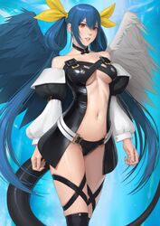  angel_wings asymmetrical_wings bare_shoulders belt black_choker black_panties blue_hair breasts center_opening choker cleavage commission detached_sleeves dizzy_(guilty_gear) feathered_wings female guilty_gear guilty_gear_x guilty_gear_xx hair_between_eyes hair_rings large_breasts lips long_hair long_sleeves midriff navel panties parted_lips puffy_short_sleeves puffy_sleeves short_sleeves showgirl_skirt skeb_commission skindentation solo stomach thigh_strap thighhighs twintails underboob underwear very_long_hair watanabe_yasuaki wide_sleeves wings 