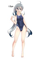  absurdres ahoge bare_shoulders barefoot blue_one-piece_swimsuit breasts clothes_writing collarbone commentary_request competition_swimsuit covered_navel female full_body grey_eyes grey_hair hair_between_eyes highres kantai_collection kiyoshimo_(kancolle) kiyoshimo_kai_ni_(kancolle) long_hair low_twintails one-piece_swimsuit open_mouth round_teeth simple_background small_breasts solo swimsuit takafumi teeth twintails upper_teeth_only variant_set very_long_hair white_background 