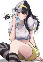  asymmetrical_legwear black_hair black_nails blunt_bangs blush bottle bottle_to_cheek corrupted_twitter_file female grey_hair hair_ornament hairband highres holding holding_bottle hololive hololive_english horizontal-striped_thighhighs kneehighs long_hair looking_at_viewer multicolored_hair one_eye_closed rinny_rin2 shiori_novella shirt short_sleeves shorts sidelocks simple_background socks solo split-color_hair striped_clothes striped_socks striped_thighhighs sweat thighhighs tied_shirt upper_body virtual_youtuber water_bottle wet wet_clothes wet_shirt white_background white_shirt yellow_eyes yellow_hairband yellow_shorts yorick_(shiori_novella) 