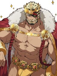  1boy abs balor_(housamo) bara bare_pectorals belt black_hair blonde_hair bulge cape celtic_knot cowboy_shot crown eyepatch facial_hair fangs flaming_eye fur-trimmed_cape fur_trim gold_trim highres male_focus male_underwear mature_male multicolored_hair muscular muscular_male navel nizitaro official_alternate_costume pectorals red_cape scar scar_on_arm scar_on_chest short_hair simple_background solo sparkle sparse_chest_hair strongman_waist tokyo_afterschool_summoners two-tone_beard two-tone_hair underwear white_background wrist_cuffs yellow_male_underwear 