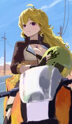  ahoge blonde_hair blue_sky blurry breasts brown_gloves brown_jacket bumblebee_(rwby) cleavage clip_studio_paint_(medium) closed_mouth collared_jacket day depth_of_field eyes_visible_through_hair female film_grain fingerless_gloves fingernails from_below gloves helmet high_collar highres highway holding jacket jewelry light_blush light_smile long_hair looking_at_viewer making-of_available motor_vehicle motorcycle motorcycle_helmet open_clothes open_jacket outdoors pendant purple_eyes rwby ryoha_kosako sitting sky sleeves_past_elbows solo sunlight video_thumbnail wavy_hair yang_xiao_long 