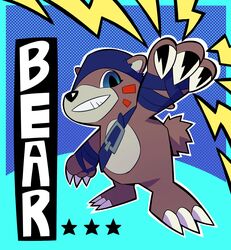  absurd_res anthro backwards_hat bandai_namco bear bearmon blue_eyes brown_body brown_fur clothing digimon digimon_(species) digitaltillo fur grin hat headgear headwear hi_res leather leather_strap male mammal smile solo straps 